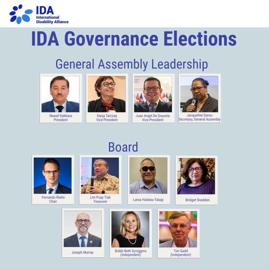 Poster showing the headshots and names of elected representatives: General Assembly leadership President: Nawaf Kabbara Vice-Presidents: Sanja Tarczay and Juan Angel De Gouveia Secretary of the General Assembly: Jacqueline Garou Board Chair: Fernando Riaño Treasurer: Lim Puay Tiak General Board Members (without portfolio): Latoa Halatau-Talagi, Bridget Snedden, Joseph Murray, Bobbi Beth Scroggins (Independent), Tim Gadd (Independent)