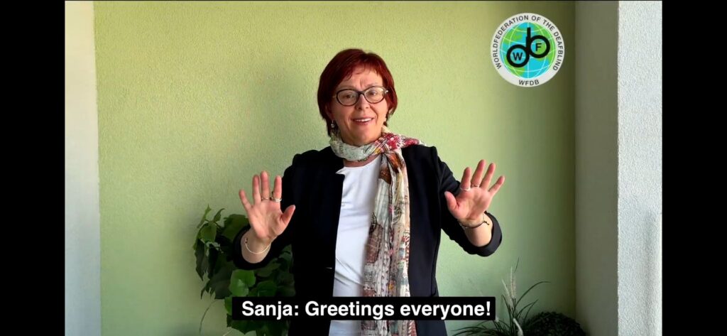 Sanja Tarczay's video intervention Screenshot of viceo showing a woman with short red hear wears glasses.